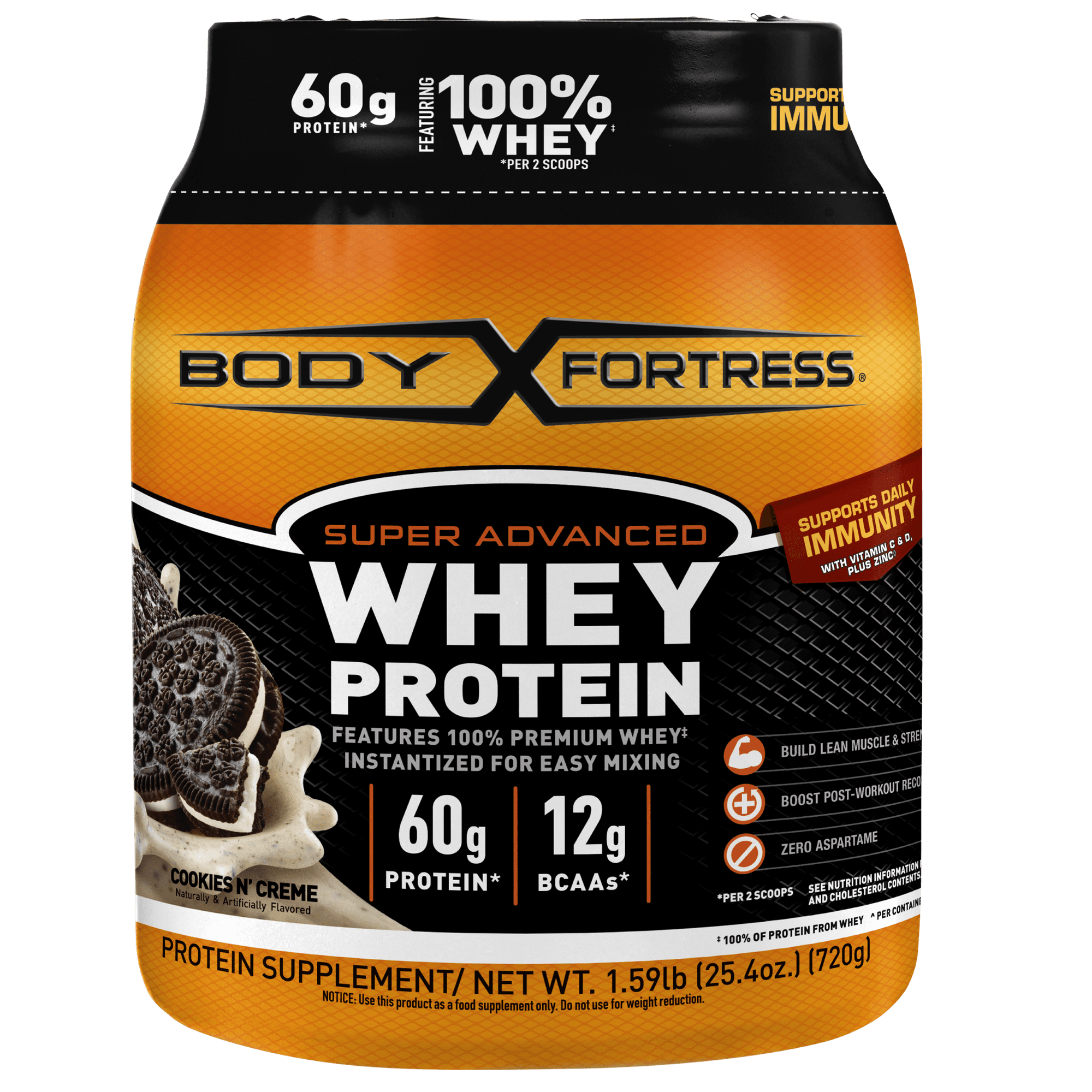 Body Fortress Super Advanced 100% Premium Whey Protein Powder, Cookies & Cream, 60g Protein, Immune Support , Vitamins C & D Plus Zinc, 1.59 lbs