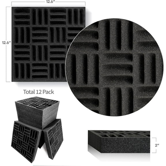 12 Pack Sound Proof Foam Panels for Walls, Acoustic Treatment for Home Studio, Black