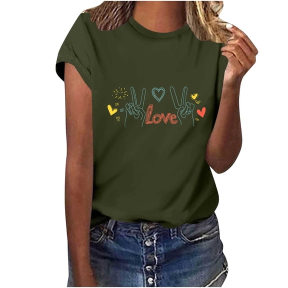 Sexlip Womens Short Sleeve T Shirt Gesture Print Crew Neck Design Soft Fabric for Casual Gatherings Green M
