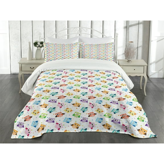 Ambesonne Owls Quilted Bedspread Set 3 Pcs, Characters and Dots, Queen Size, Multicolor