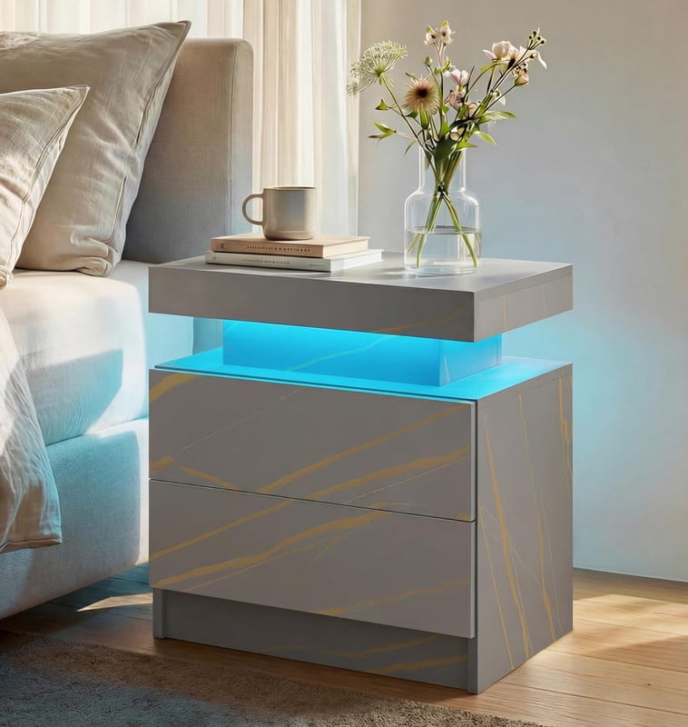Howcool LED Nightstand Set of 2, 2 Drawer Bedside Side Table with LED Lights for Bedroom Living Room