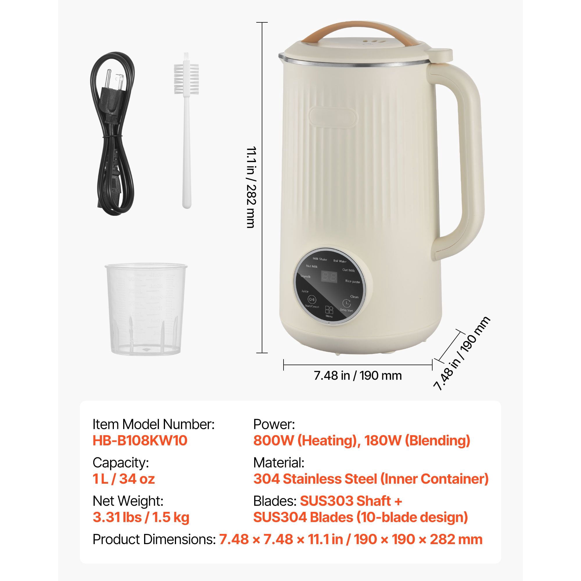 8-in-1 Nut Milk Maker 34 oz Capacity 10 Blades Soundproof Cover Self-Cleaning for Soy Almond Oat Milk
