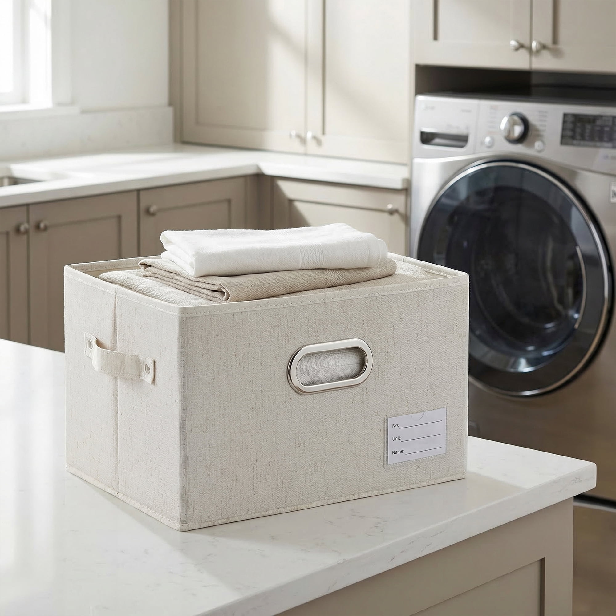 Unique Bargains Storage Cube Fabric Collapsible Basket White 12.6*9.8*7.9in