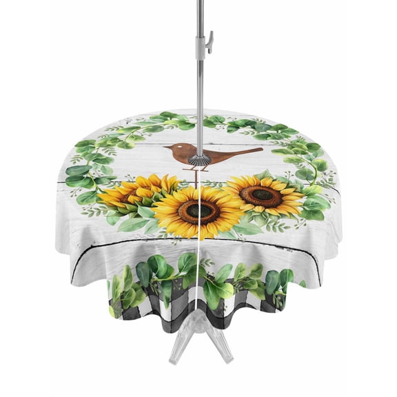 Outdoor Tablecloth with Umbrella Hole for Patio/Picnic/Party/Camping, Spring Eucalyptus Sunflower Waterproof Table Cloth Round Cover Washable, Farmhouse Birds Gray Wood (Dia 54")