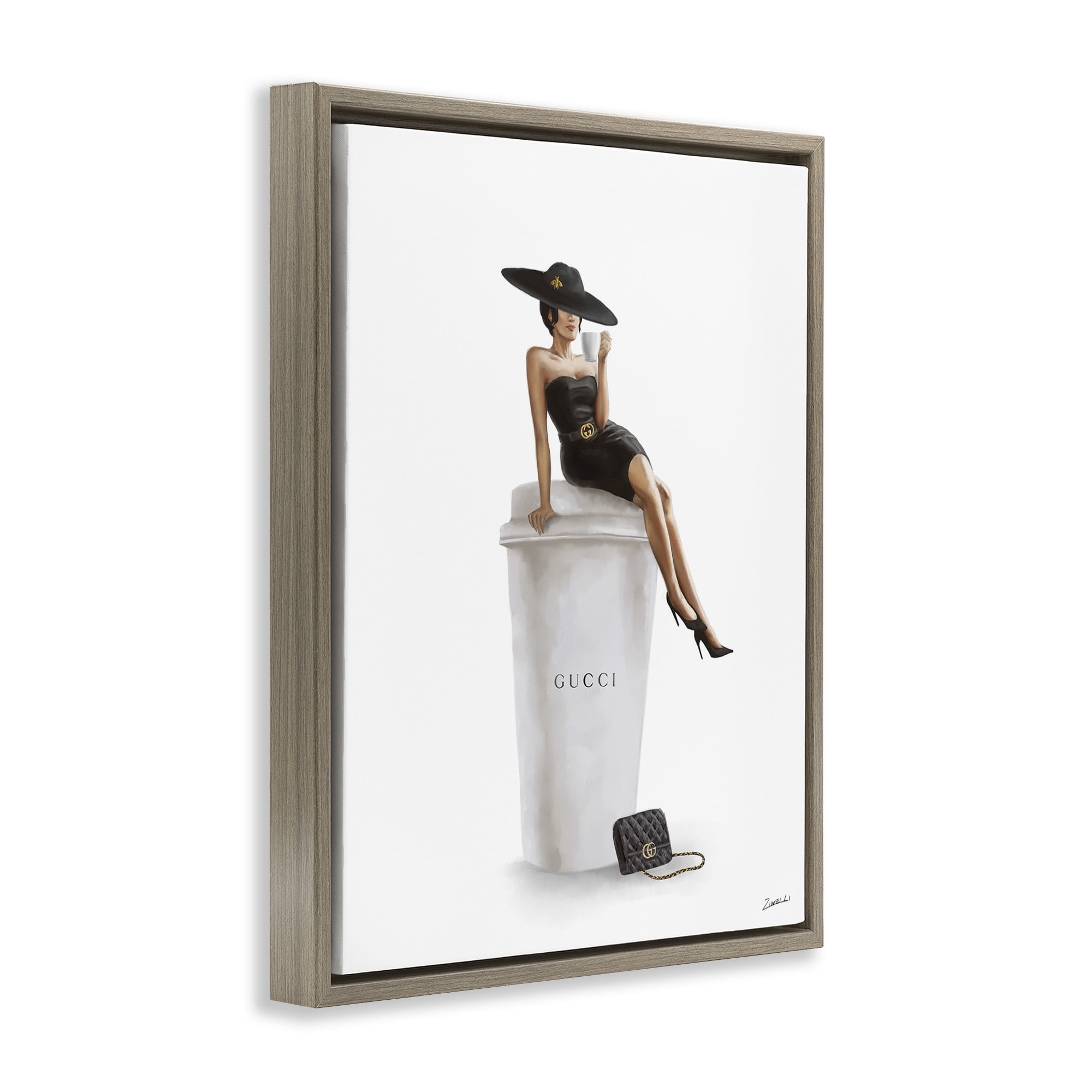 Stupell Industries Stylish Fashion Female Pose Coffee Food & Beverage Painting Brown Floater Framed Canvas Art Print Wall Art, 17 x 21