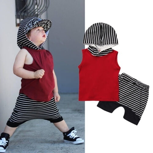 Ensemble de Vêtements d'Été 2pcs Bébé Garçon Sans Manches Tops + Pantalon Rayé