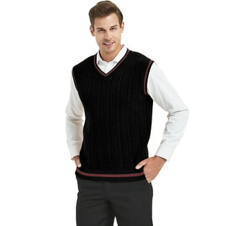 Toptie Men Business V-Neck Knitted Sweater Vest, Cotton Fit Casual
