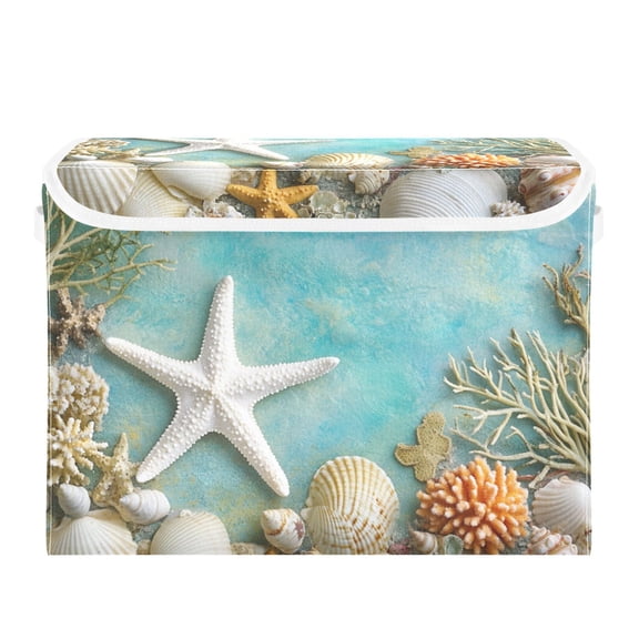 Starfish Corals Shells Tropical Foldable Storage Bin with Lid and Handle Collapsible Storage Box 16.5 x 12.6 x 11.8 inches