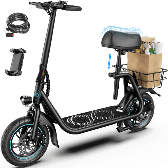 MIHOVER Electric Scooter with Seat for Adults & Seniors, 450W Comfortable Commuter Scooter with Basket, 12" Tires, 15 Mile Range, UL2272 Certified