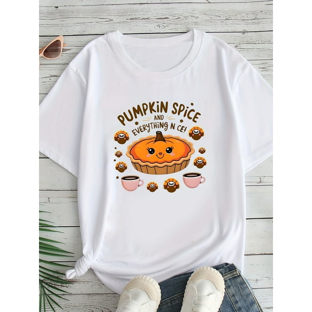Women'S Halloween T-Shirt - "Pumpkin Spice everything" Graphic Tee with Cupcake & Pumpkin Design, Casual Round Neck Short Sleeve Top, Halloween Clothing | Playful Graphic Tee | Stretchy