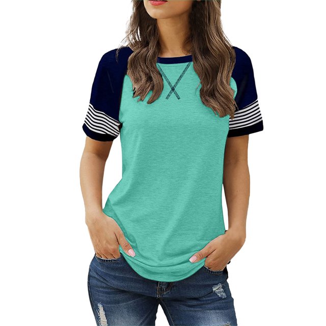 Vente Chaude! T-Shirts Basiques pour Femmes Uooqdmx, Chemise Rayée pour Femmes, Hauts à Blocs de Couleur pour Femmes, T-Shirt à Col Rond Ample et Décontracté, Chemises à Manches Courtes pour Femmes, Vert Menthe G