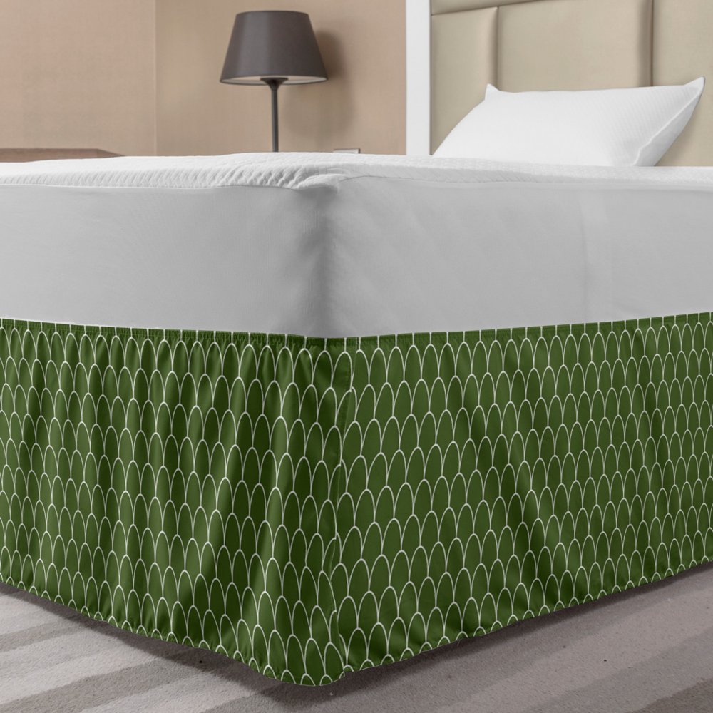 Green Bed Skirt, Vivid Forest Natural Colored Geometric Wave Like Round