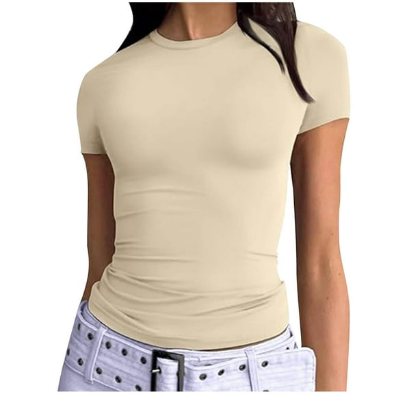 Perfectbot Women's Short Sleeve Crewneck T Shirt Summer Ribbed Fitted Slim Basic Solid Color Tee Tops Beige,XS-XL