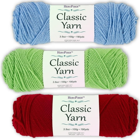 Soft Acrylic Yarn 3-Pack, 3.5oz / ball, Blue Jewel + Green Lime + Red Cherry. Great value for knitting, crochet, needlework, arts & crafts projects, gift set for beginners and pros
