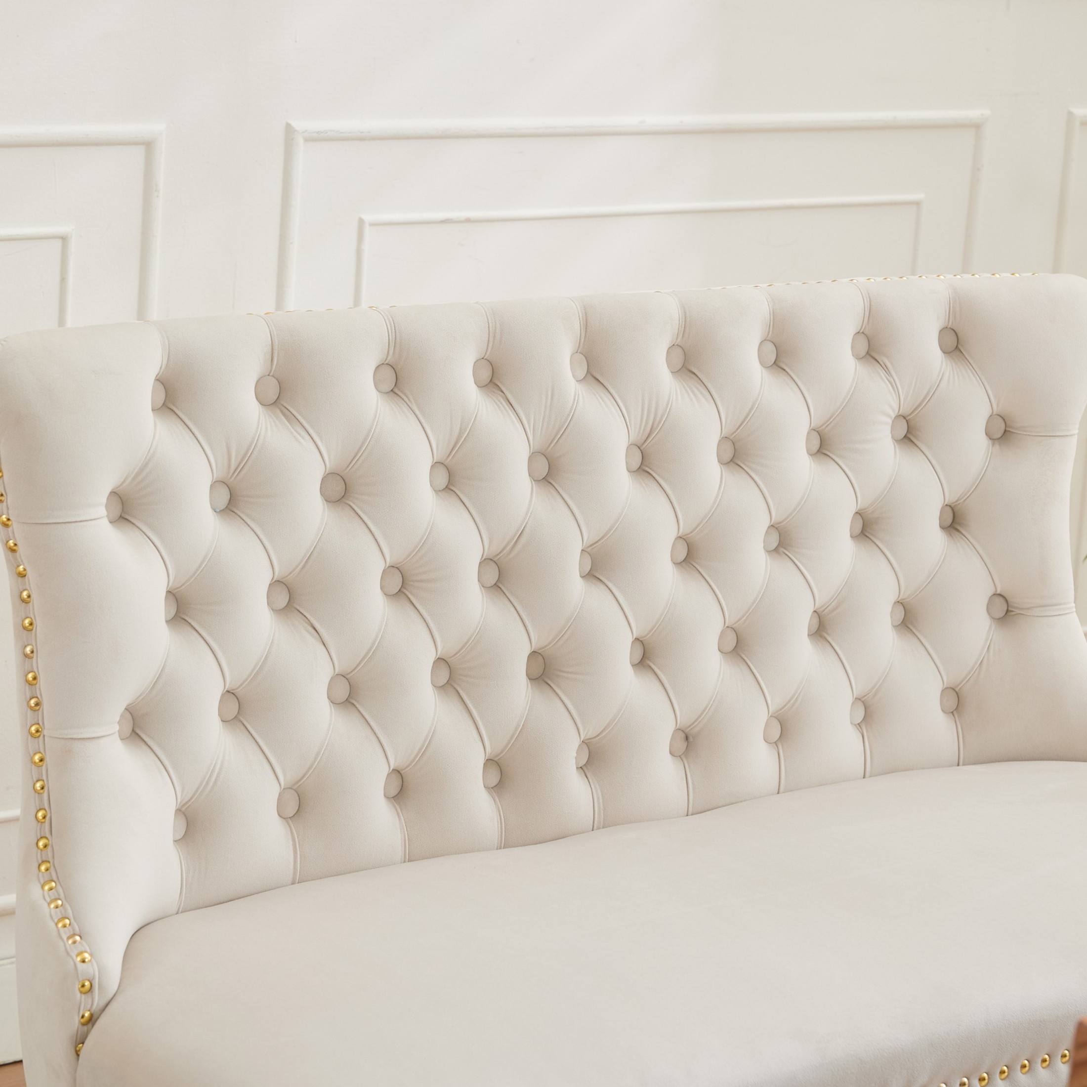 Noble House 2-Seat Velvet Dining Bench, Tufted Wingback Upholstery, Steel Legs, Beige + Gold