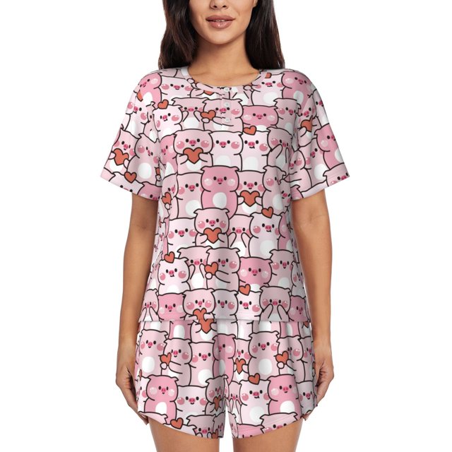 Balery Kawaii Pig Conjunto de Pijama para Mujer con Estampado, Dos Piezas de Manga Corta y Shorts, Ropa de Dormir Suave con Cuello Redondo y Bolsillos-Small