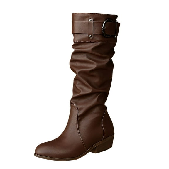 Women's Slouch Round Toe Low Heel Boots Knee High Boots(Color:Brown,Size:7.5)