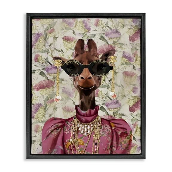 Stupell Industries Fancy Giraffe on Florals Animals Painting Black Floater Framed Canvas Art Print Wall Art, 17 x 21
