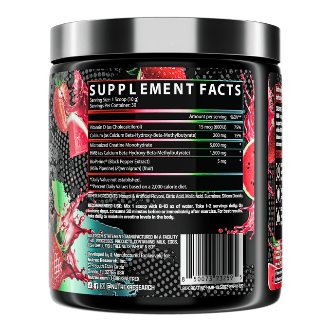 Nutrex Research Creatine + HMB Strawberry Watermelon 5g Creatine, 1.5g HMB Strength & Lean Muscle Formula 30 Servings