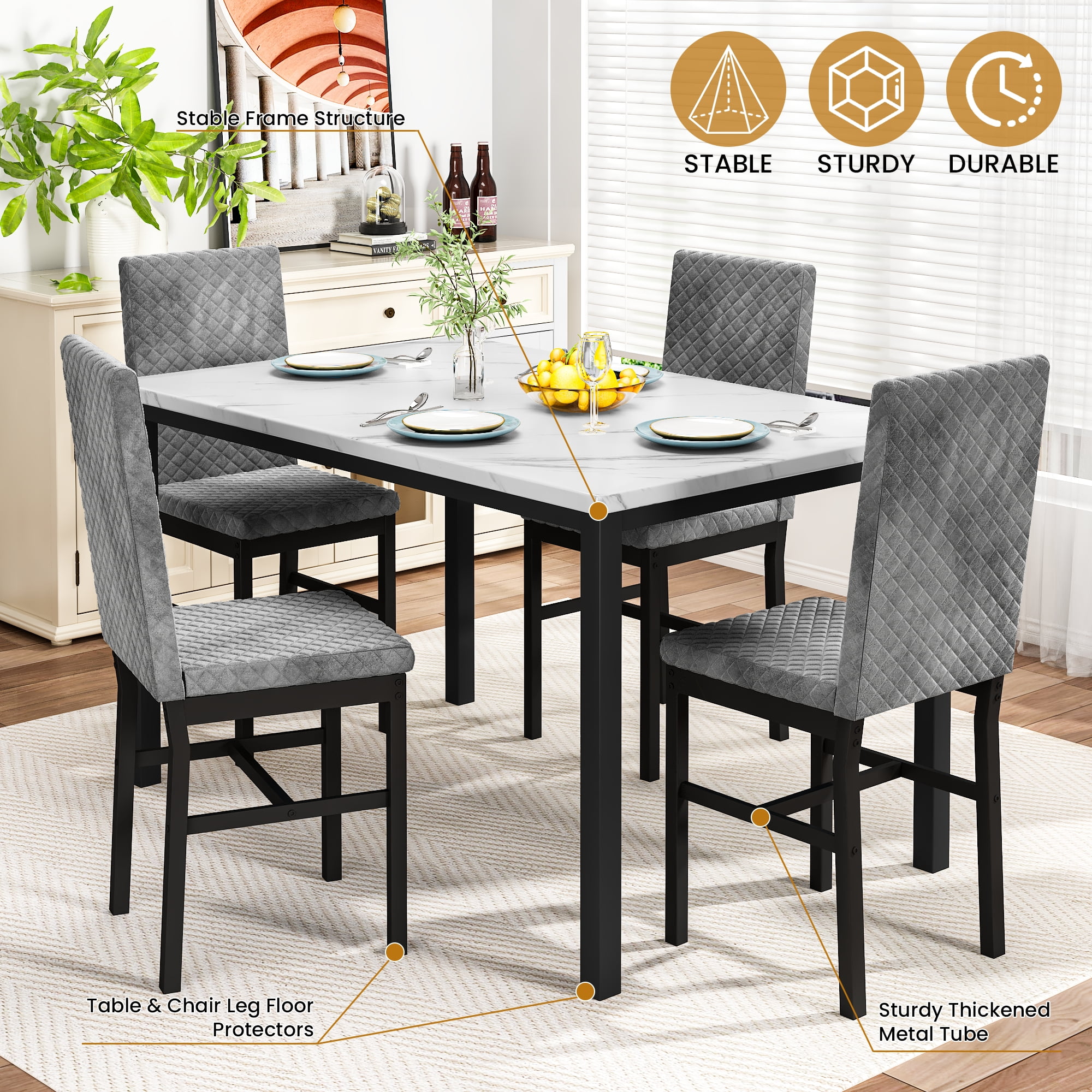 Cvortll 5 Piece Dining Table Set, Kitchen Table and Chairs Set for 4 with Faux Marble and 4 Velvet Upholstered Dining Chairs for Home, Restaurant, White & Grey