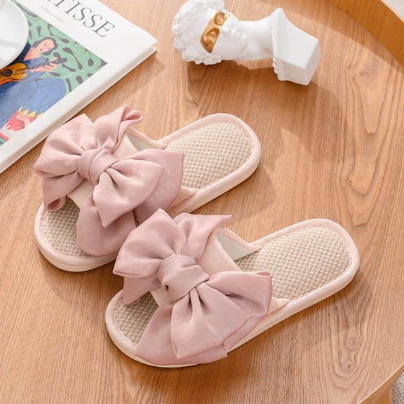 IEMIEMIEM Women House Slippers Two-Tone Bow Linen Open Toe Comfortable Breathable Slip On Indoor Slide Slippers Summer Shoes Light pink