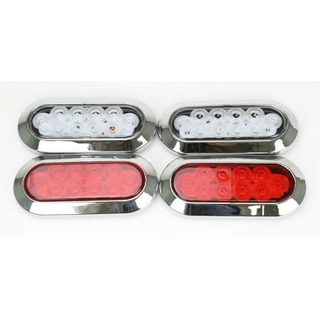 6" Oval LED Trailer Lights 2 Red Stop/Turn/Tail & 2 Clear Backup Surface Chrome