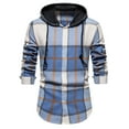 thumbnail image 2 of Blusa de manga larga con capucha para hombre, blusa informal de retazos a cuadros con capucha y botones, blusa de manga larga para hombre, 2 of 9