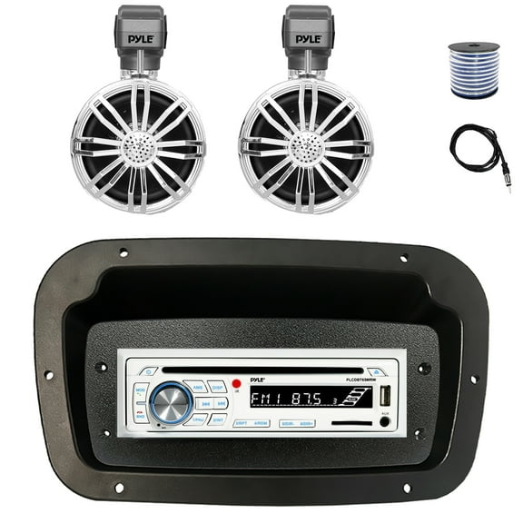 Pyle PLCDBT65 Single DIN Bluetooth Marine CD Stereo Receiver, Spa bezel, Adapter Plate, 22" Radio Antenna, Wire, 2x 2.25" 10W Max Full Range Waterproof Off-Road Audio Speakers (Chrome)