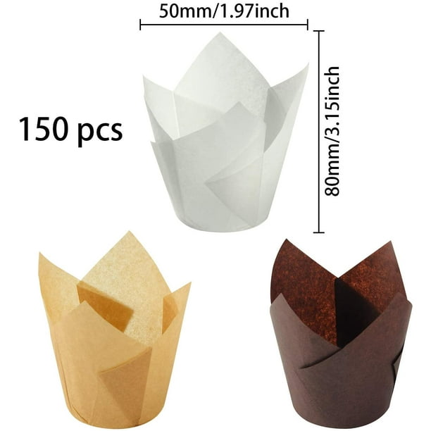 150 piezas de vasos de papel para hornear magdalenas, vasos de papel para magdalenas, vasos de papel para hornear tulipanes, magdalenas y magdalenas para fiestas de Navidad, bodas, cumpleaños, 5 cm
