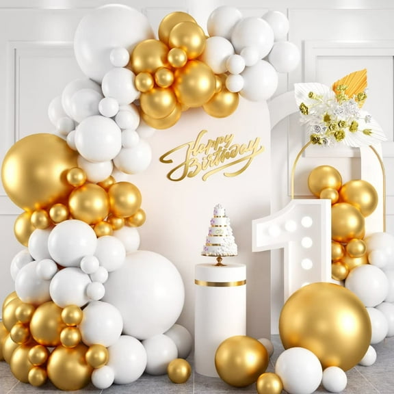 White and Balloon Arch Garland KKS1 Kit, Metallic and Latex White Balloons Different Sizes 18/12/10/5 inch for Wedding Anniversary Birthday Graduation Bridal Shower Engagement Party Decorations