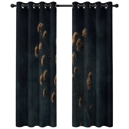 Dried Floral Stems Blackout Curtains 63 Inches Long Vintage Rustic Black Brown Flower Botanical Thermal Insulated Room Darkening Drapes with Grommets for Living Room 42 W x 63 L 2 Panels