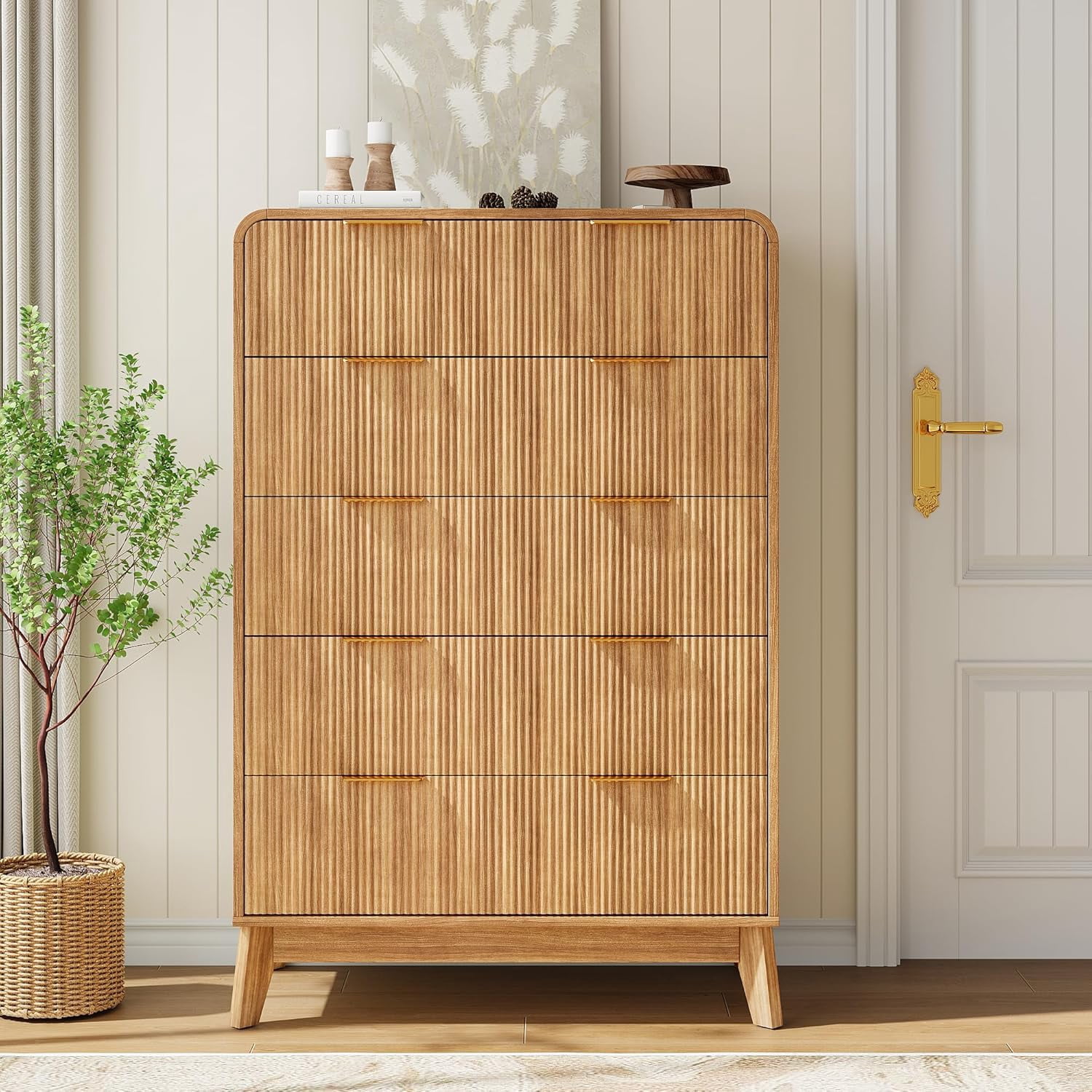 Akaber Tall Dresser, 5 Drawer Dresser for Bedroom, Fluted Dresser with Curved Profile, Organizer Storage for Living Room Entryway
