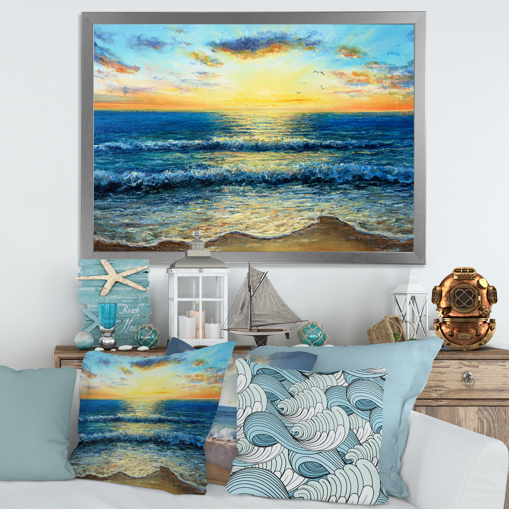 Designart 'Sunrise Glow On The Ocean Waves I' Nautical & Coastal Framed Art Print