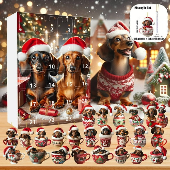 Calendario de Adviento de vacaciones con decoraciones navideñas, calendario de cuenta regresiva de 24 días para Navidad, colgante de perro salchicha con gorro de Papá Noel, adornos de pollo para árbol