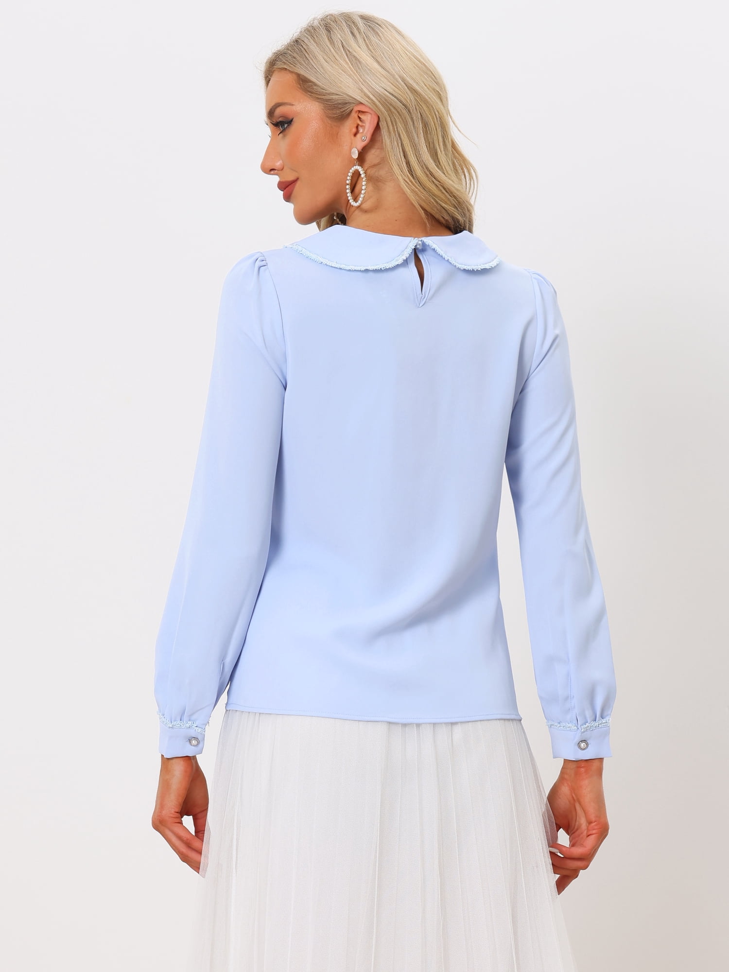 DARING DIVA Women's Contrast Trim Peter Pan Collar Top M Light Blue