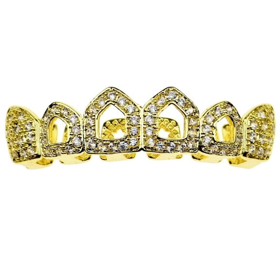 14k Gold Plated Hip Hop Grillz CZ 4 Four Open Face Top Six Cubic Zirconia Hollow Bling Teeth