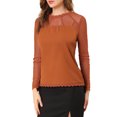thumbnail image 5 of MODA NOVA Junior's Lace Floral Panel Long Sleeves Blouse Brown Red XS, 5 of 7