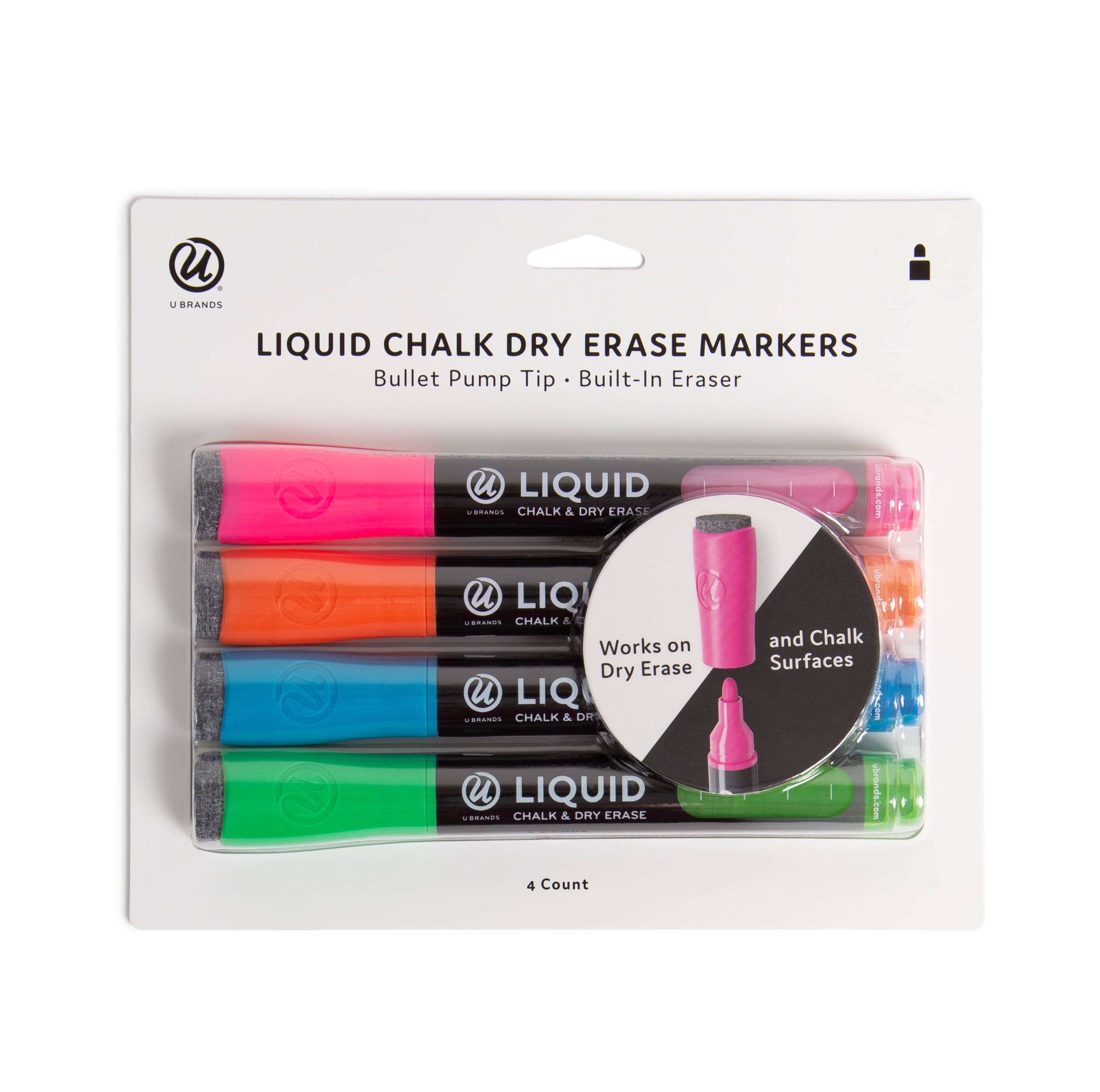 U Brands Liquid Chalk and Dry Erase Markers, Bullet Tip, Assorted Brights, 4 Count, 3368U