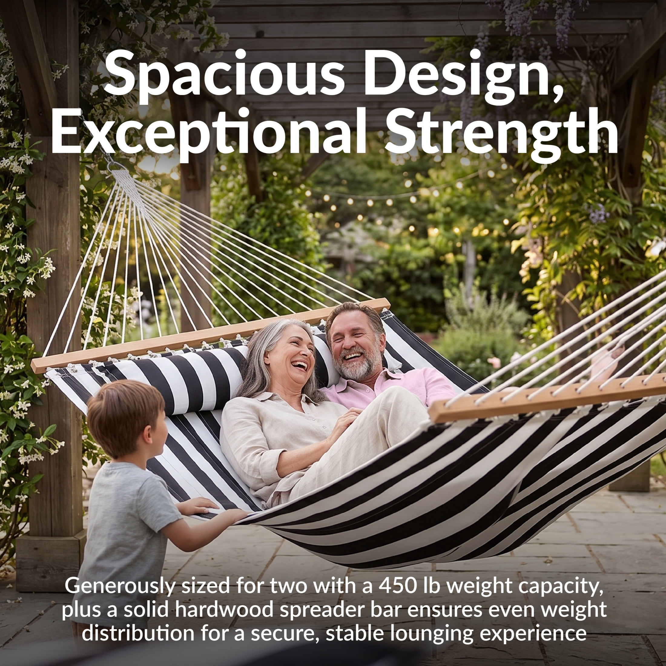 Sunnydaze 2-Person Quilted Polyester Spreader Bar Hammock, 450 lb Capacity - Black and White Stripe