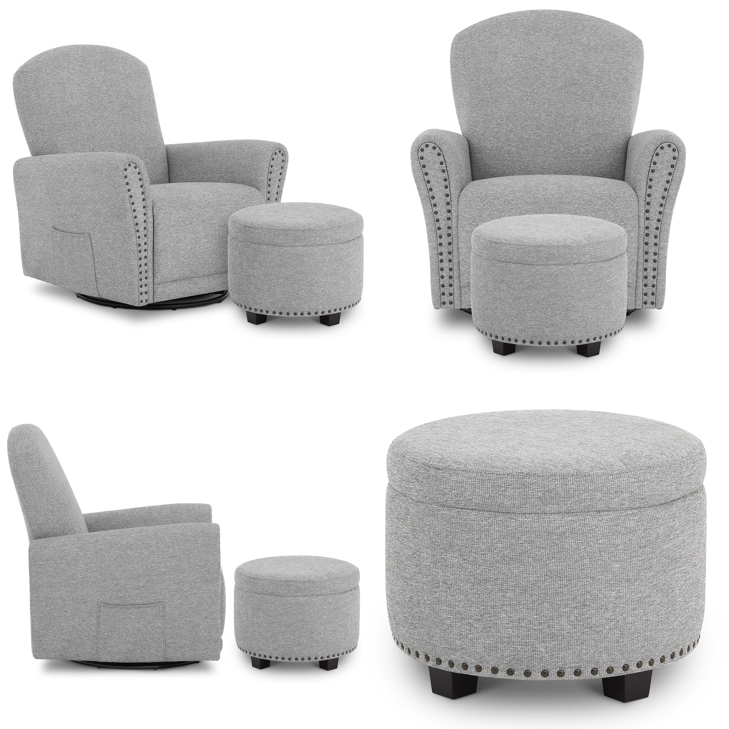 Evolur Vienna Swivel Glider with Ottoman and Nailhead Trim, Greenguard Gold Certified, Made from Sturdy and Sustainable FSC-Certified Wood, Grey