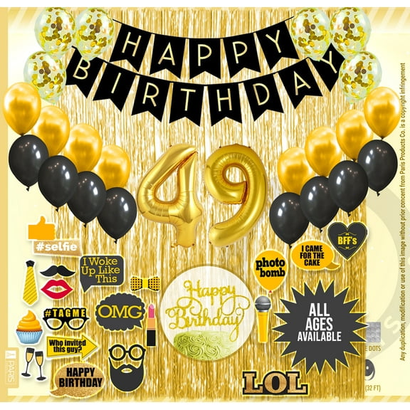49th Birthday Decoration Black and Gold for Boy & Girl, 49th Cake Topper, 49th Party Supplies for Her and Him, 49th Birthday Photo Props