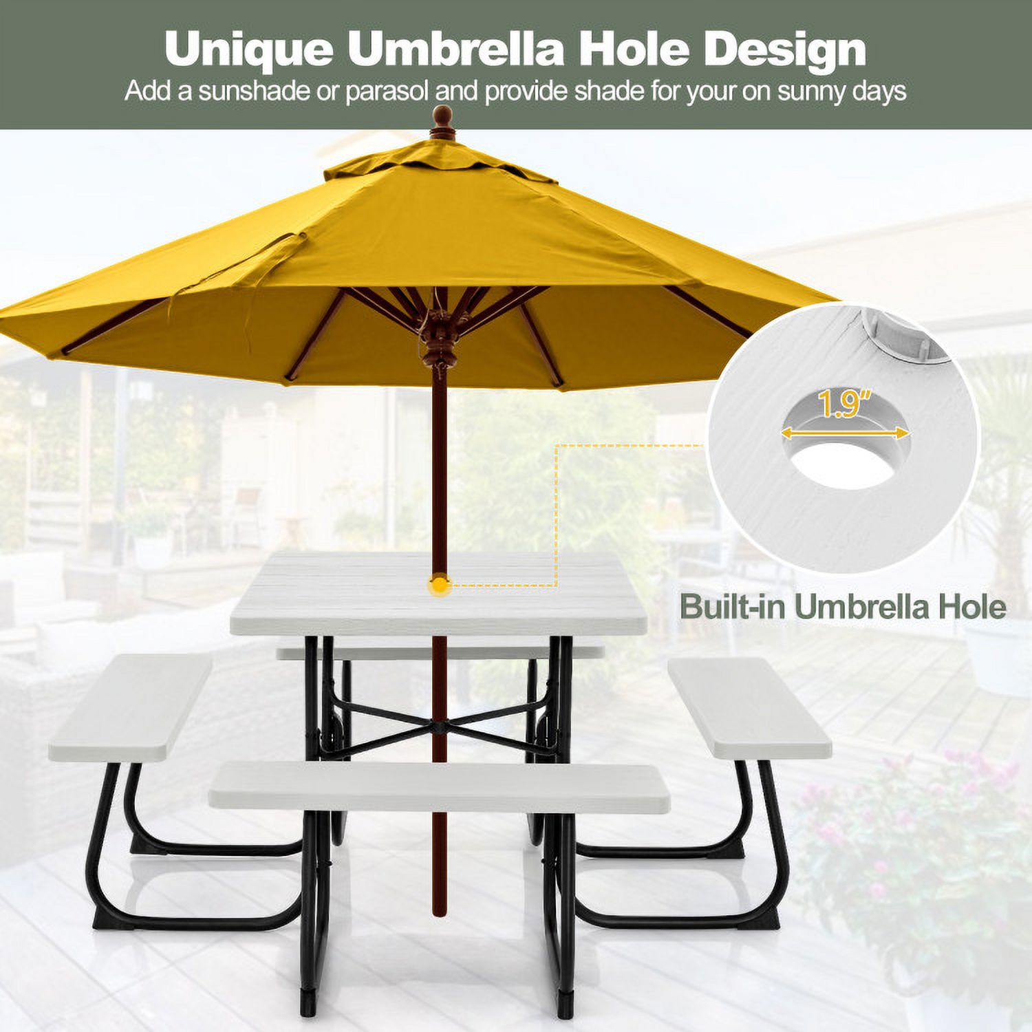 Aimee Lii Outdoor Picnic Table with 4 Benches and Umbrella Hole, Outdoor Patio Furniture, White