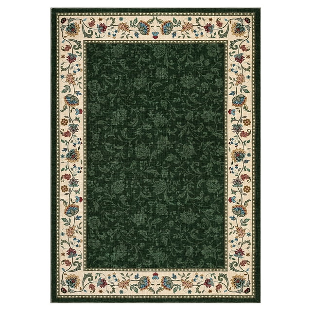 Green Washable Area Rug 5x7ft – Soft Low Pile, Non-Slip Carpet with Floral Edgeed Print, Thin, Collapsible, Non-Shedding Floor Mat Entryway – USA, Size: 5*7ft(152*213cm), Color: Green, Specs: USA