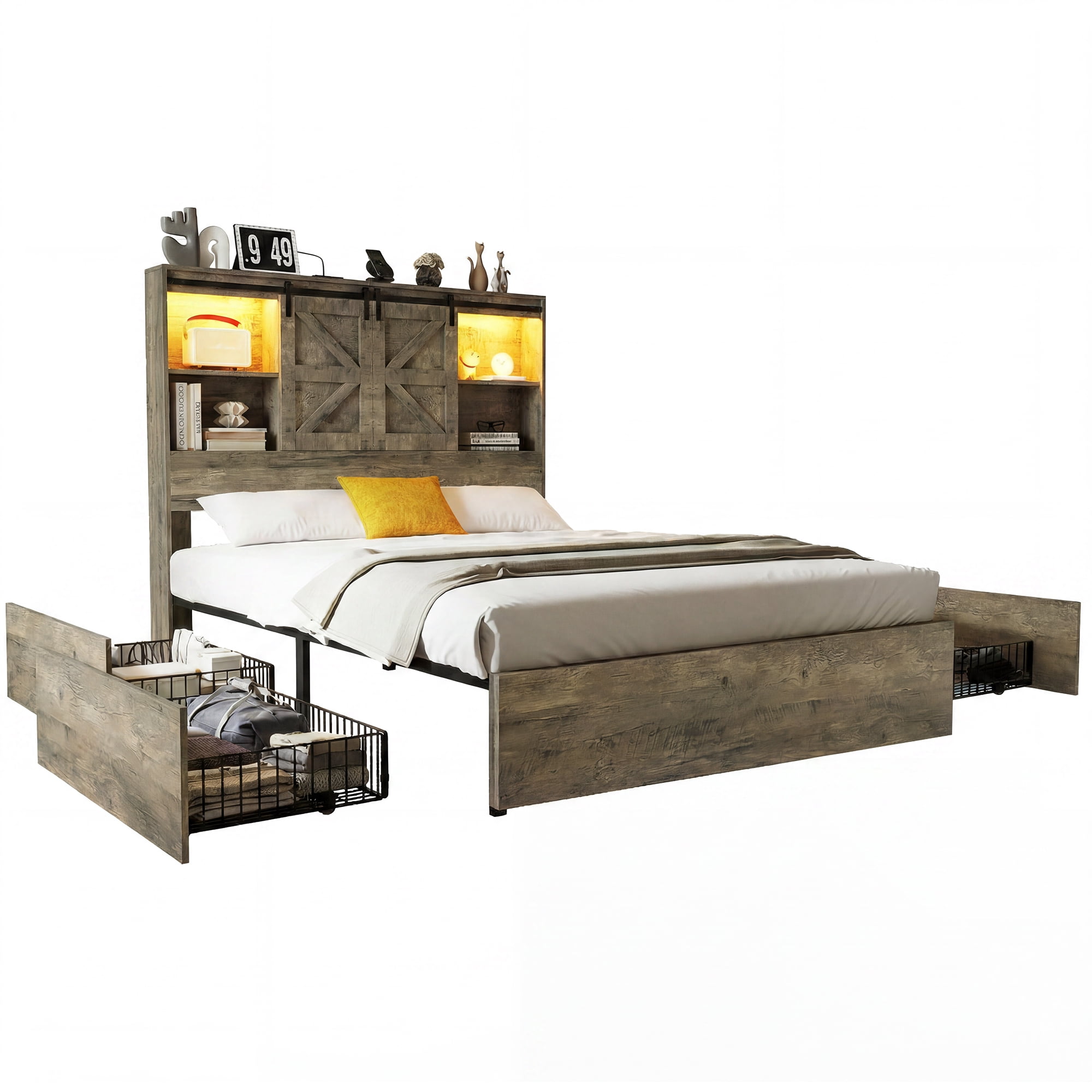 Uforic Queen Size Farmhouse Platform Bed Frame with Sliding Barn Door, 4 Wheeled Underbed Storage Drawers, No Box Spring Required, Antique Grey