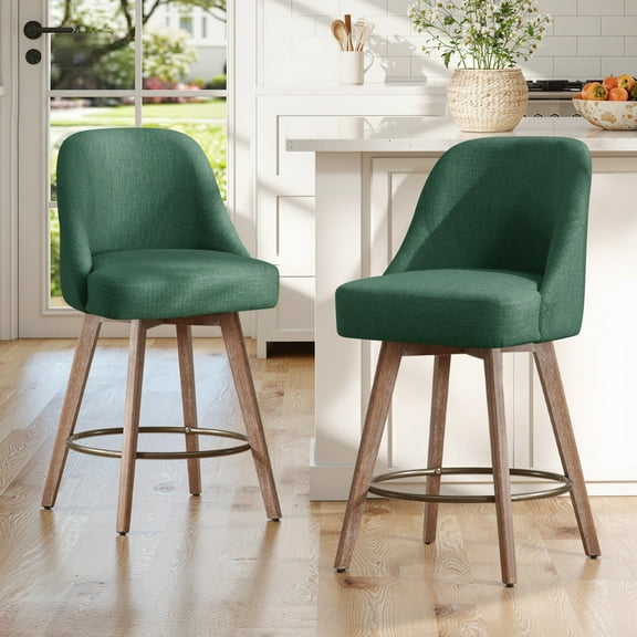 WOOW DEPOT 26" Swivel Bar Stools Large Seat Set of 2, Upholstered Linen Fabric w/ Mid-Back Wood Legs, Modern Armless Island Counter Barstools Kitchen Pub Chair, Green