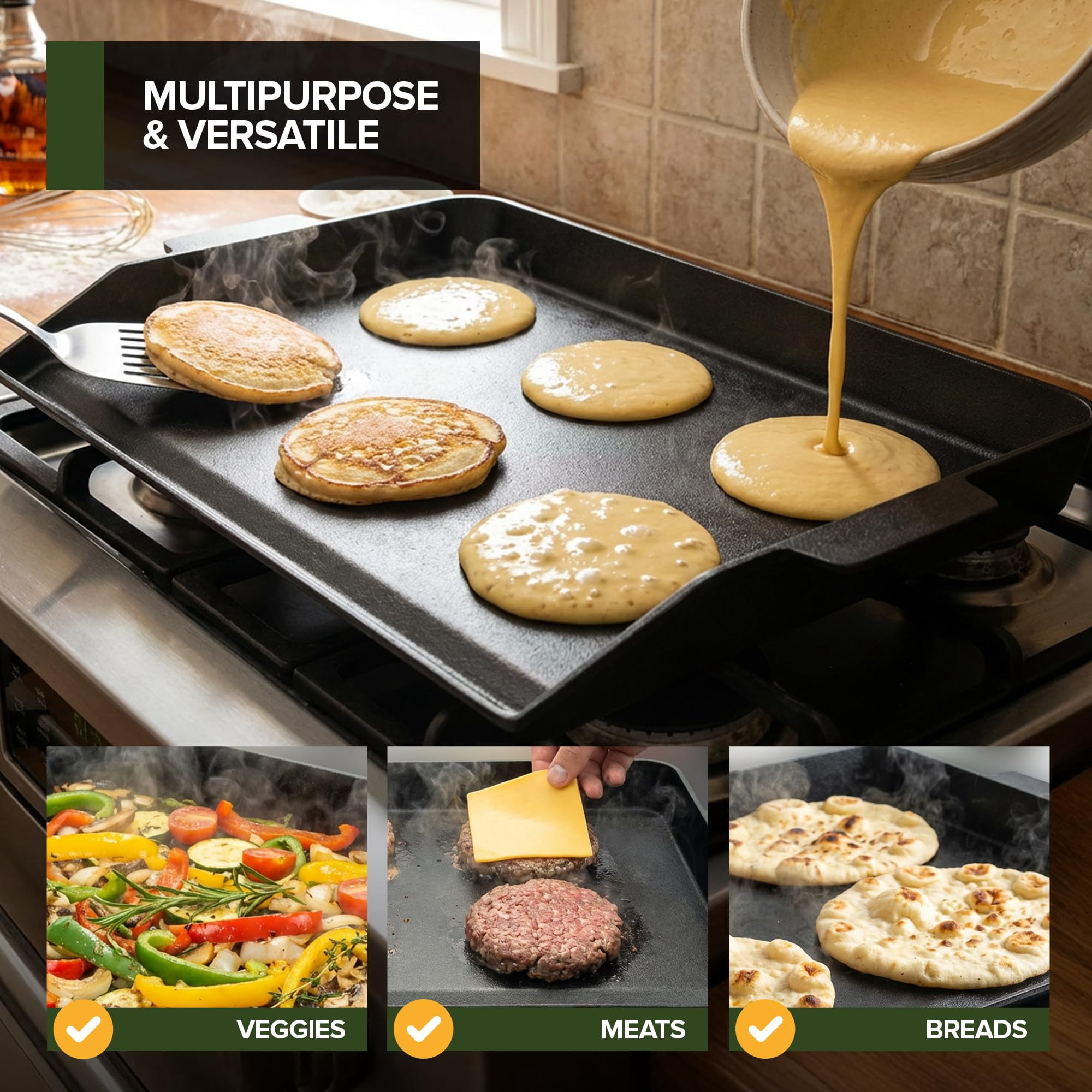 23 x 16 Inch Cast Iron Griddle for Gas Grills, Heavy Duty Outdoor Griddle, Extra Large Cast Iron Griddle for Even Heat, Non-Stick Flat Top Griddle for Grill Cooking Burgers, Pancakes, Steak & More