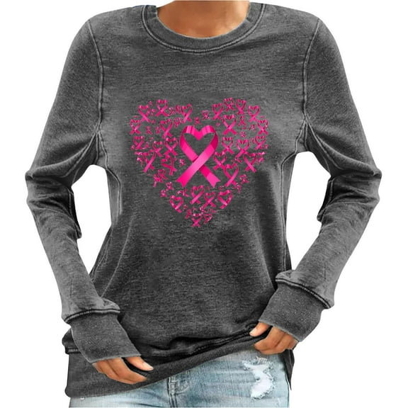 Uootdi Women's Breast Cancer Awareness Sweatshirt Pink Ribbon Heart Graphic Crewneck Casual Fall Support Top Gray Women Tops