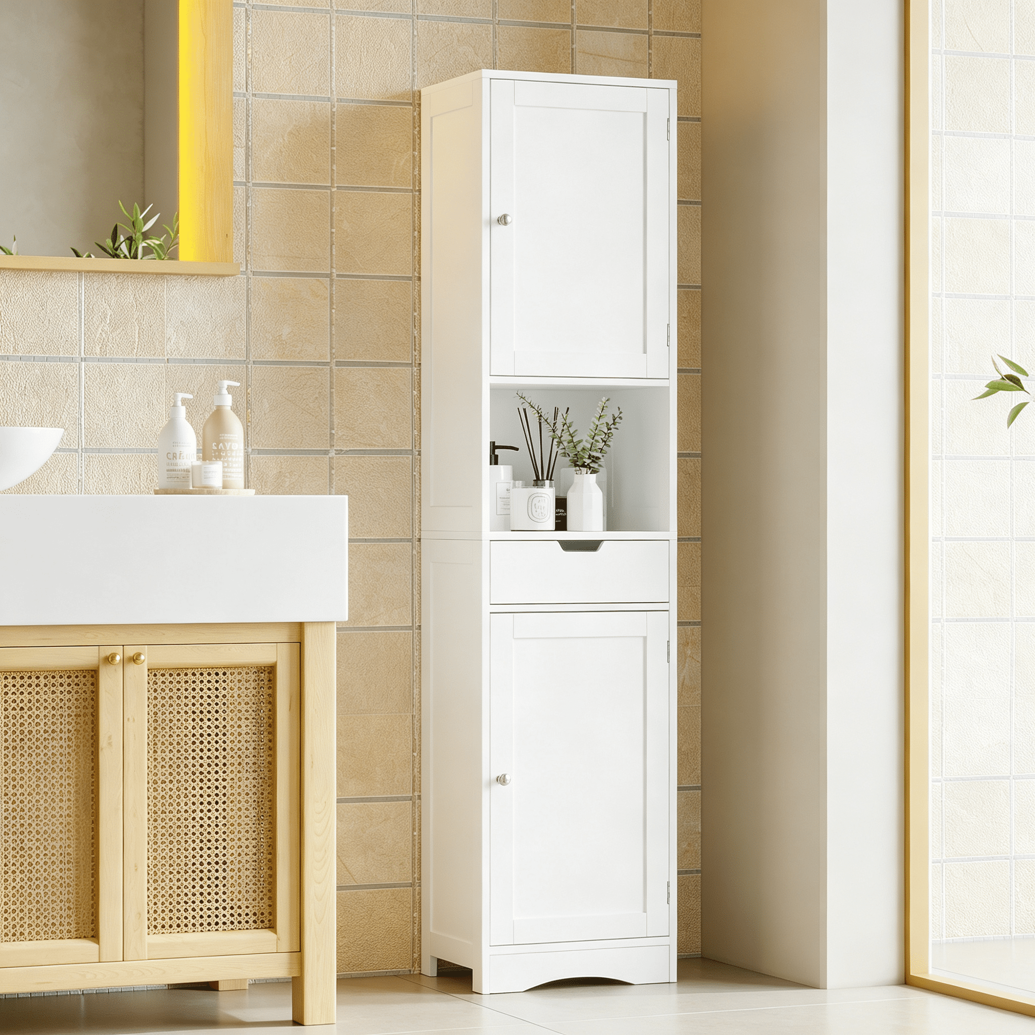 67 in Tall Bathroom Cabinet with 2 Doors and 1 Drawer, Narrow Storage Cabinet with Adjustable Shelves, White
