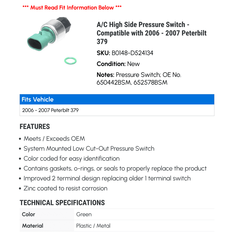 A/C High Side Pressure Switch - Compatible with 2006 - 2007