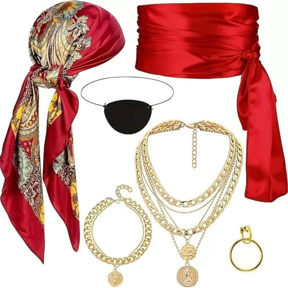 6-Piece Pirate Costume Accessories Kit for Adult Halloween Cosplay, Includes Headscarf Sash Earrings Eye Patch Necklace Bracelet for Theme Parties and Roleplay